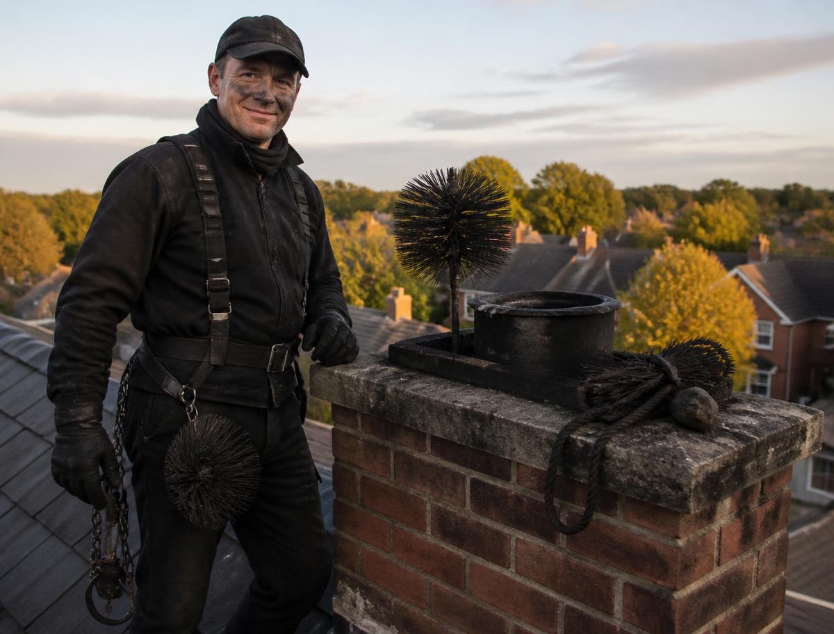Certified chimney sweep working on a residential rooftop chimney